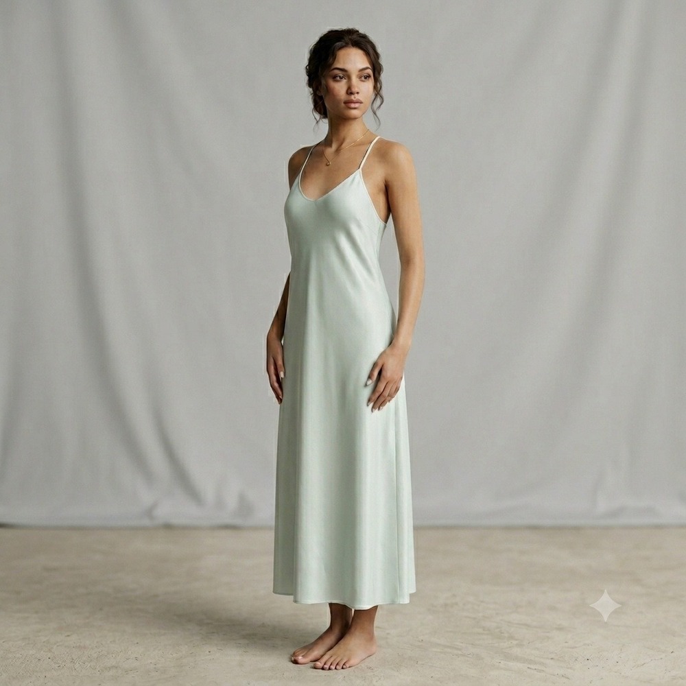 A New Day Satin Nightgown Sleeveless Crepe De Chine Perfect Mint V-Neck Midi XXL